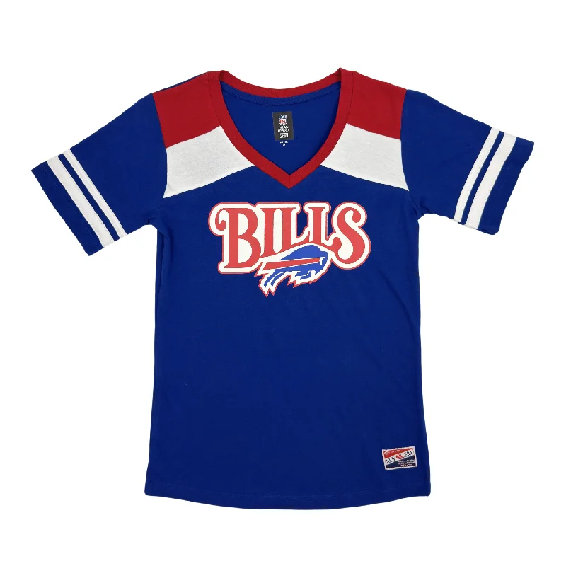 Women's New Era Bills Primary Logo With Shoulder Stripes V-Neck Shirt-- Fleece Fabric Down Fabric Feather Fabric