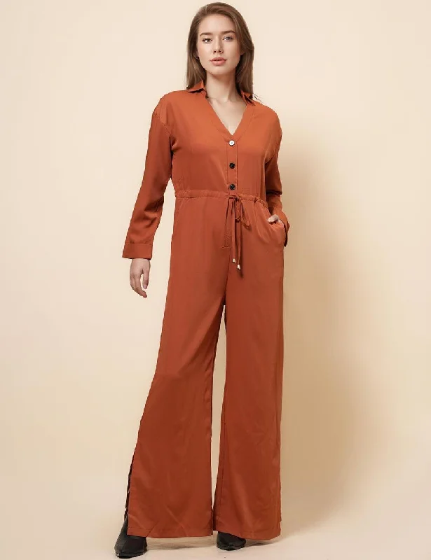 Ladies V-Neck Botton Overall Waist Tie Jumpsuit SKJ4895 Sleeveless jumpsuit, Elegant, Fashionable, Comfortable