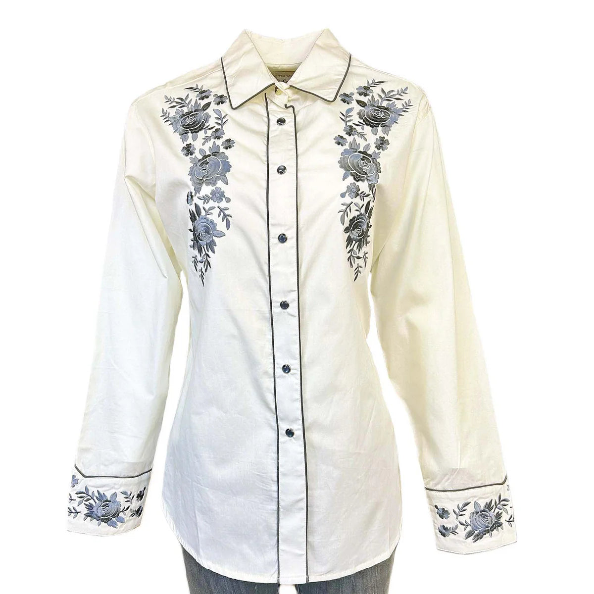 Women's Vintage Western Shirt Collection: Rockmount Blue Floral Bouquet-- Print Jacquard Patchwork