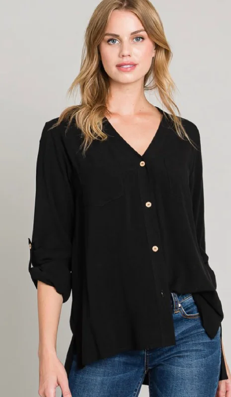 Long Sleeve Button Down Linen Shirt-- Asymmetrical Pockets Print