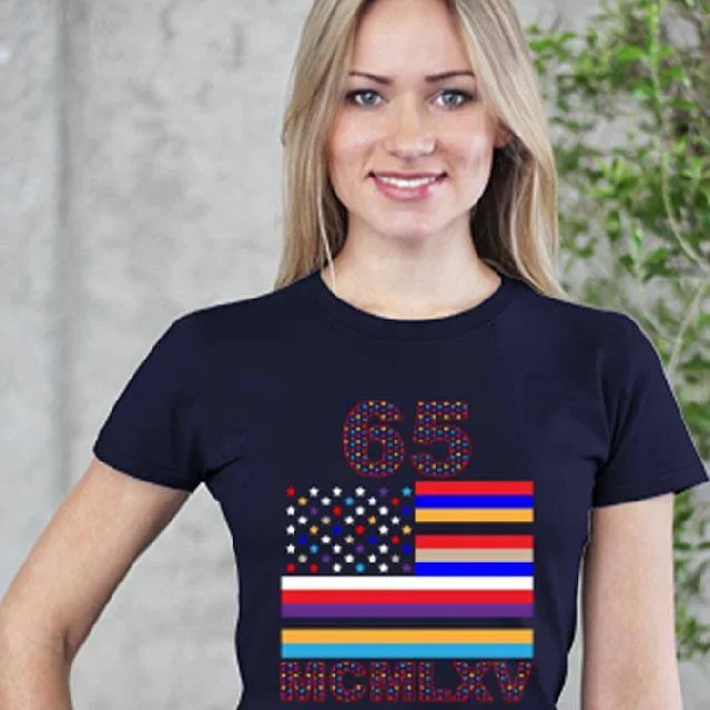 65 MCMLXV Women's Multi-Color USA Flag Graphic T-Shirt-- Nylon Fabric Polyester Fabric Spandex Fabric