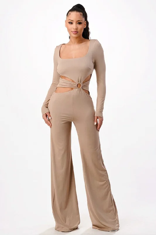 MOCHA SQUARE NECK LONG SLEEVES CUTOUT WAIST JUMPSUIT SP8842J Tailored jumpsuit, Professional, Sleek, Elegant