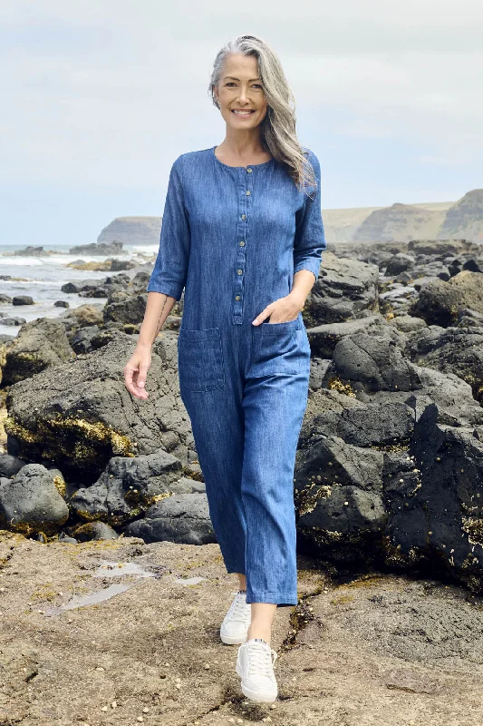 Artisan Jumpsuit Mid Wash in Denim Ruffle jumpsuit, Feminine, Trendy, Elegant