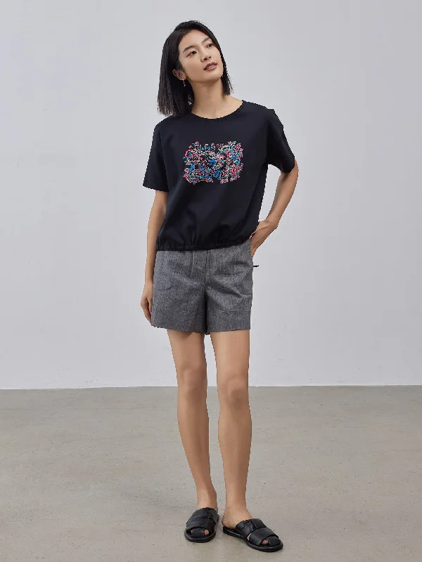 Cotton jersey printed drop shoulder loose drawstring T-shirt-- V-Neck T-Shirt Long Sleeve Cotton