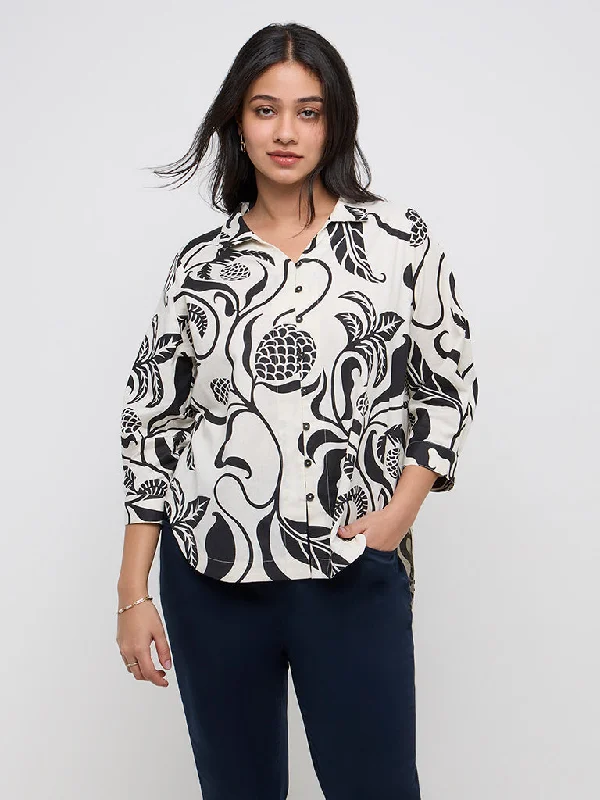 Gia Off-White Botanical Printed Cotton Blend High-Low Shirt-- Houndstooth Herringbone Solid