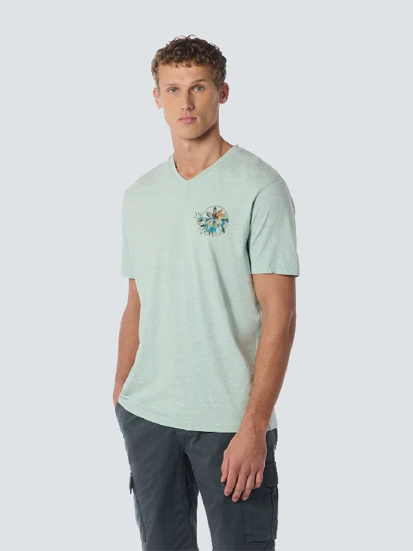 T-Shirt V-Neck Melange Garment Dyed Placed Print-- Modern Contemporary Chic
