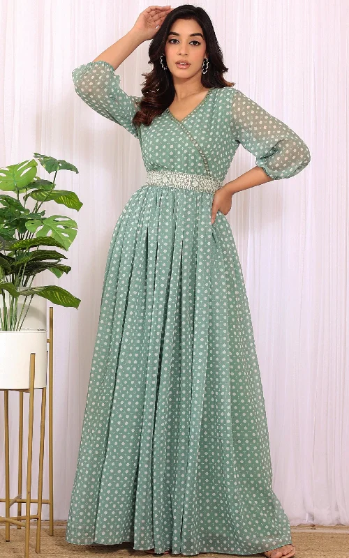 Sage Green Mirrorwork Printed Georgette Jumpsuit Lace jumpsuit, Elegant, Feminine, Trendy