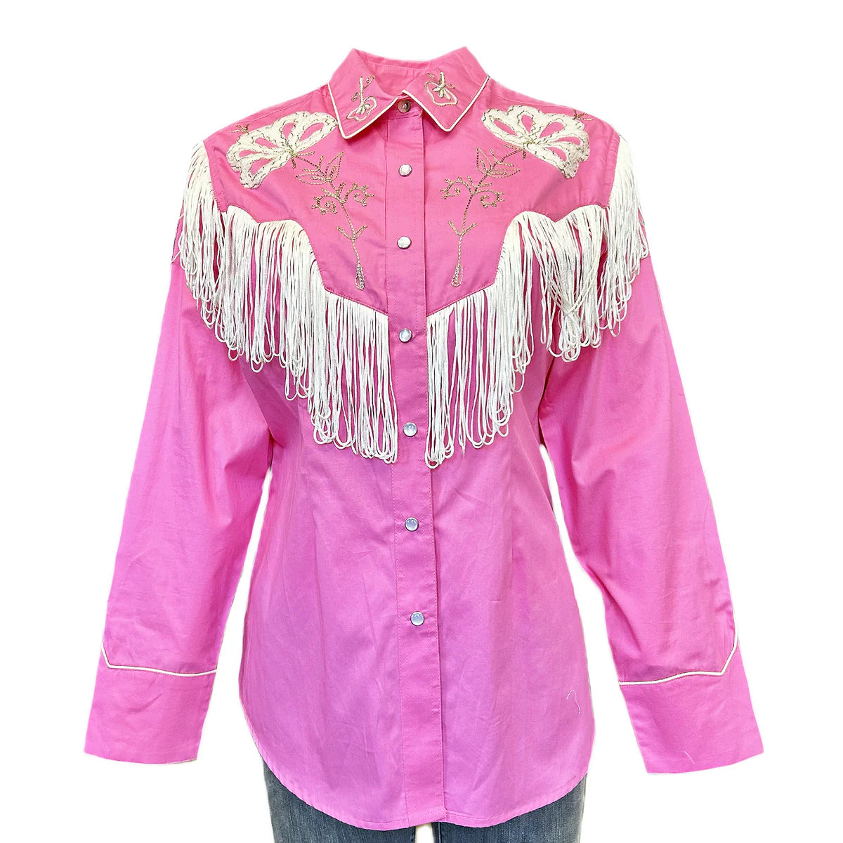 Women's Vintage Western Shirt Collection: Rockmount Fancy Fringe Pink-- Print Jacquard Patchwork
