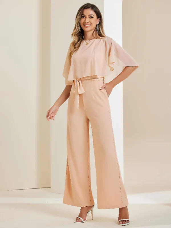 Cape Sleeve Belted Wide Leg Pants Casual Jumpsuit Strappy jumpsuit, Casual wear, Stylish, Comfortable