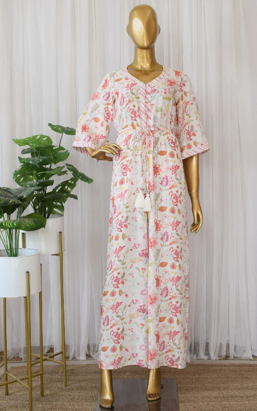 Cream Floral Print Cotton Jumpsuit V-neck jumpsuit, Sexy neckline, Stylish, Comfortable