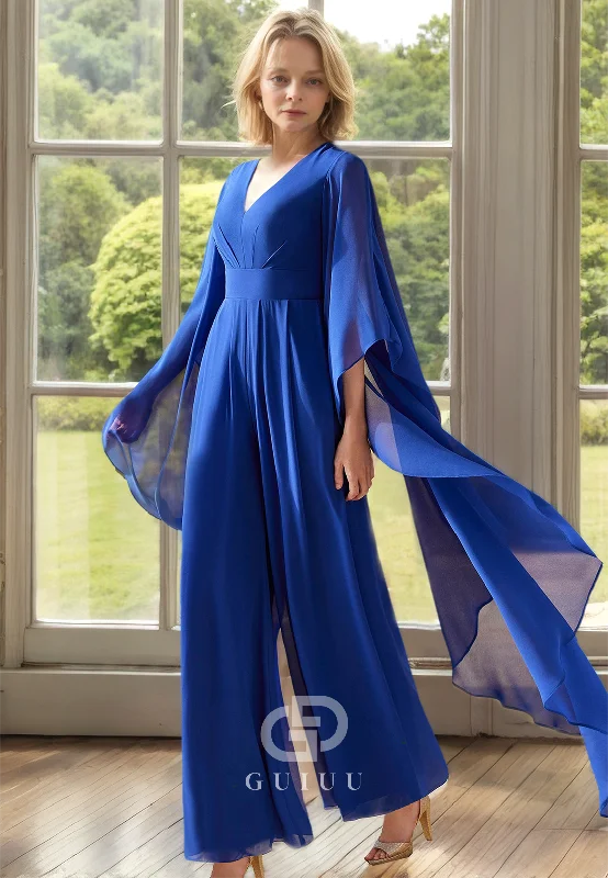 Simple Jumpsuit V-Neck Long Sleeves Empire-Waist Mother of the Bride Dress Plunging neck jumpsuit, Sexy, Fashionable, Party attire