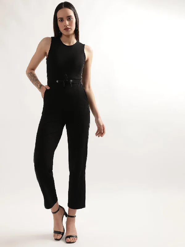 Elle Women Black Solid Round Neck Sleeveless Basic Jumpsuit Faux leather jumpsuit, Trendy, Street style, Fashionable