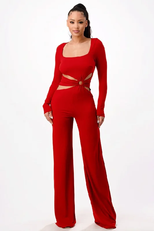 RUST SQUARE NECK LONG SLEEVES CUTOUT WAIST JUMPSUIT SP8842J Faux leather jumpsuit, Trendy, Fashionable, Street style