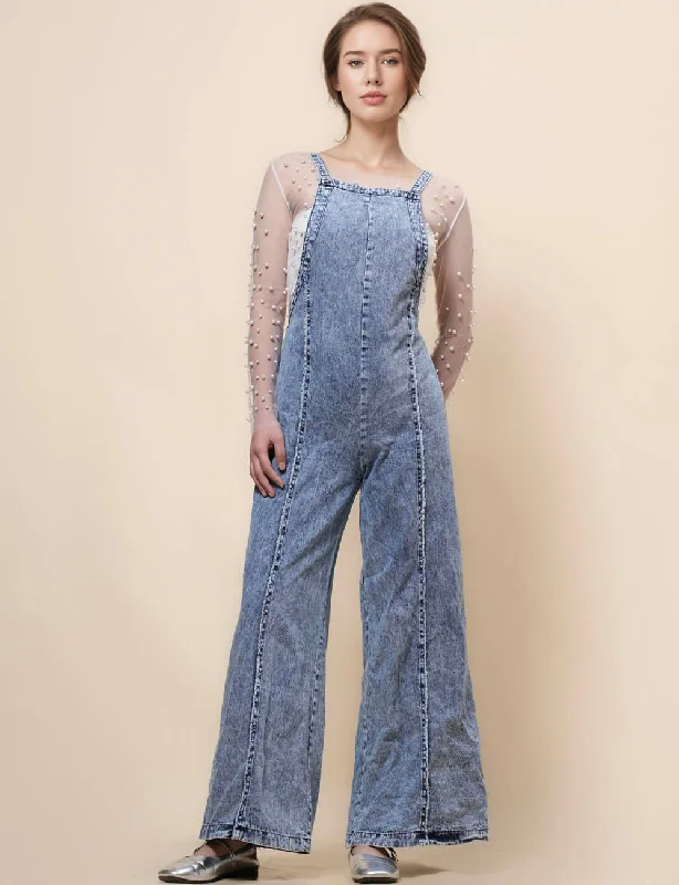 Ladies Washed Overall Wide Leg Denim Jumpsuit SKJ41040 Zipper jumpsuit, Trendy, Comfortable, Fashionable