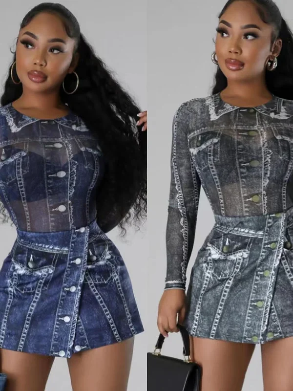 Imitation denim printed gauze jumpsuit skirt  2pc set (CL12111) Luxe jumpsuit, Fashionable, Elegant, Chic