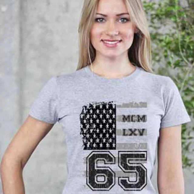 65 MCMLXV Women's Vintage USA Flag Americana Graphic T-Shirt-- Mesh Blend Leather Blend Suede Blend