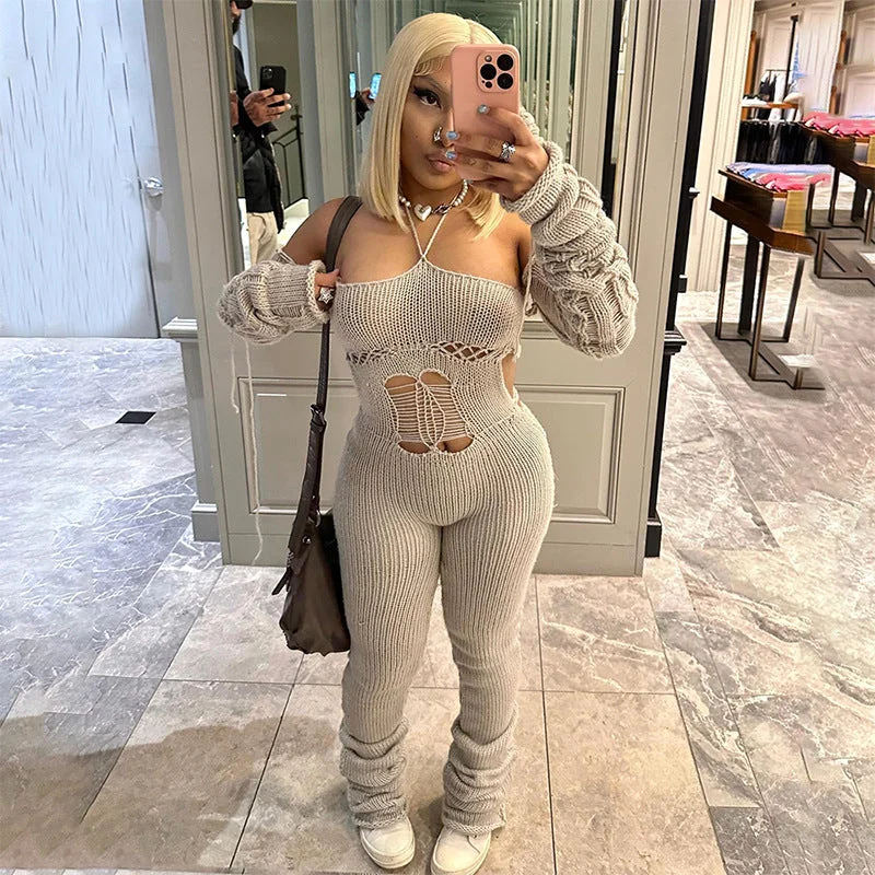 Woolen Oversleeve Halter Lace-up Hollow Jumpsuit Pile Pants（CL11909） Cropped jumpsuit, Summer style, Trendy, Comfortable