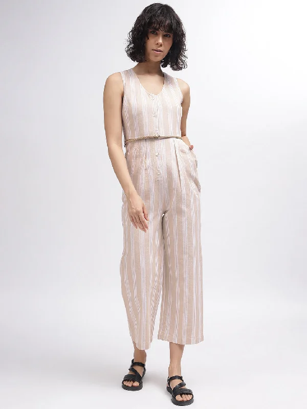 Iconic Women Beige Striped V-Neck Sleeveless Jumpsuit Pleated wide-leg jumpsuit, Feminine, Elegant, Comfortable