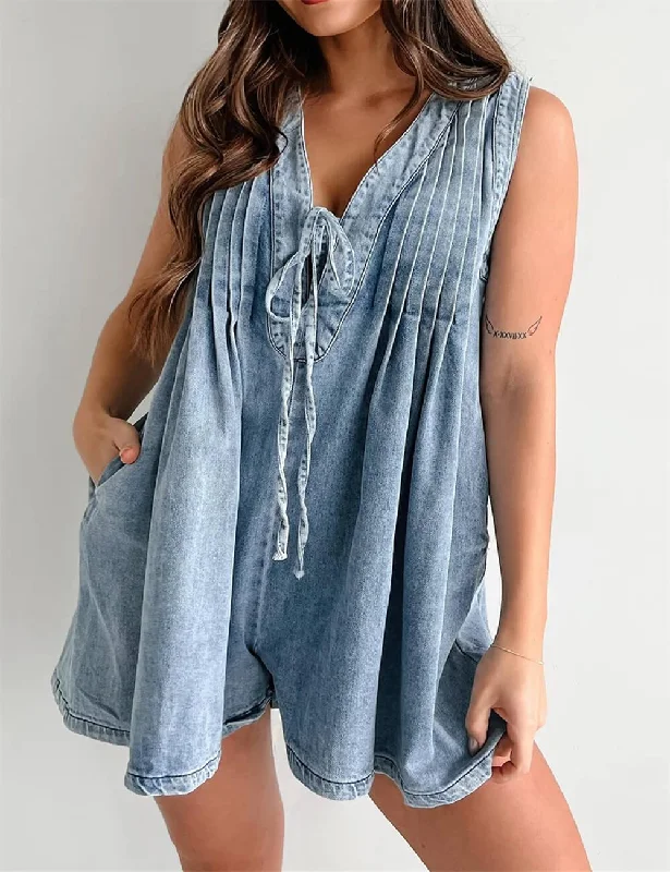 Ladies Tie Front V Neck Sleeveless Denim Jumpsuit 9025 High neck jumpsuit, Elegant, Professional, Stylish