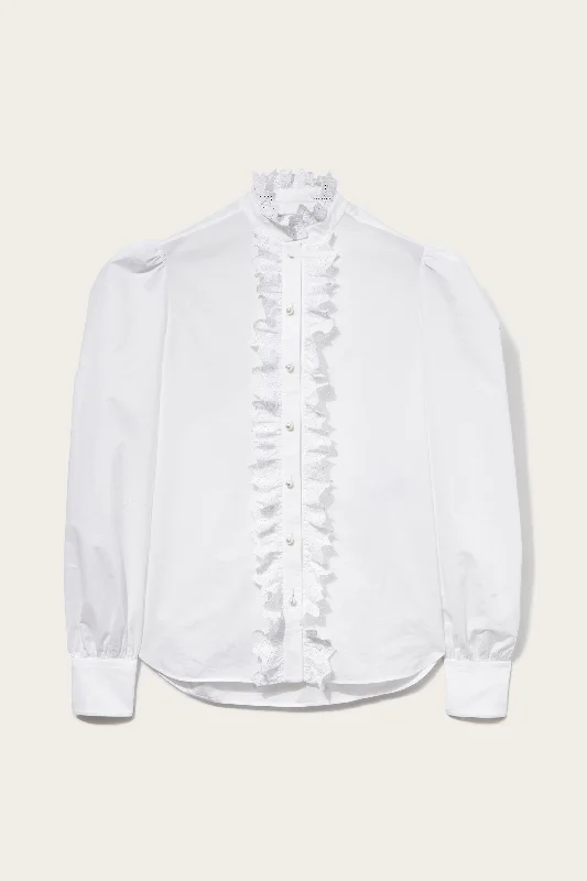 Ruffled Cotton Shirt-- V-Neck T-Shirt Long Sleeve Cotton