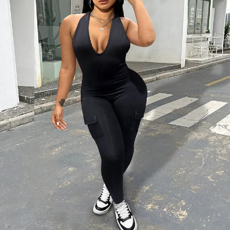 Open back hanging neck V-neck with pockets for hip lifting sports jumpsuit（CL12065） Summer jumpsuit, Light fabric, Comfortable, Fashionable