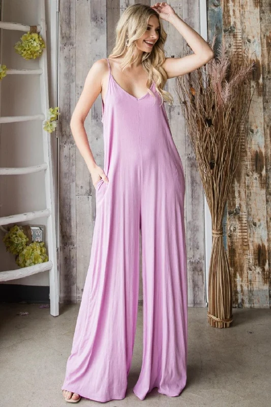Veveret Pocketed Spaghetti Strap V-Neck Wide Leg Jumpsuit Jumpsuit with pockets, Practical, Comfortable, Casual
