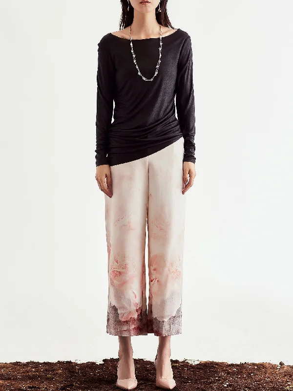 Gambiered Silk Mulberry Silk Knit Slant-cut Hem T-Shirt-- Casual Formal Business