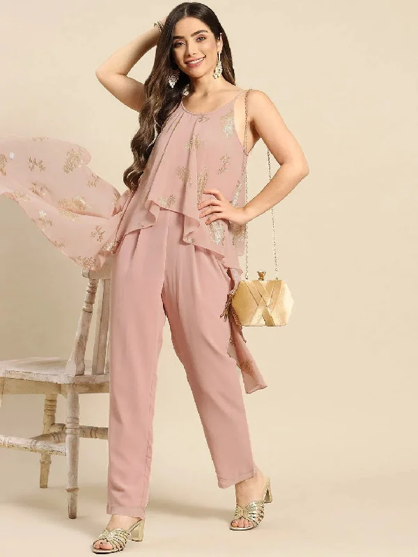 Women Solid Standard Powder Pink Jumpsuits & Sets Ruffle hem jumpsuit, Feminine, Trendy, Elegant Women Solid Standard Powder Pink Jumpsuits & Sets Ruffle hem jumpsuit, Feminine, Trendy, Elegant
