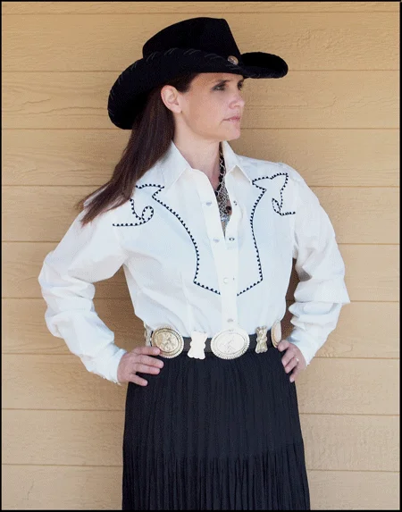 Women's Embroidered Western Shirt: White Horse Chain Embroidery-- Sequined Glittery Shiny