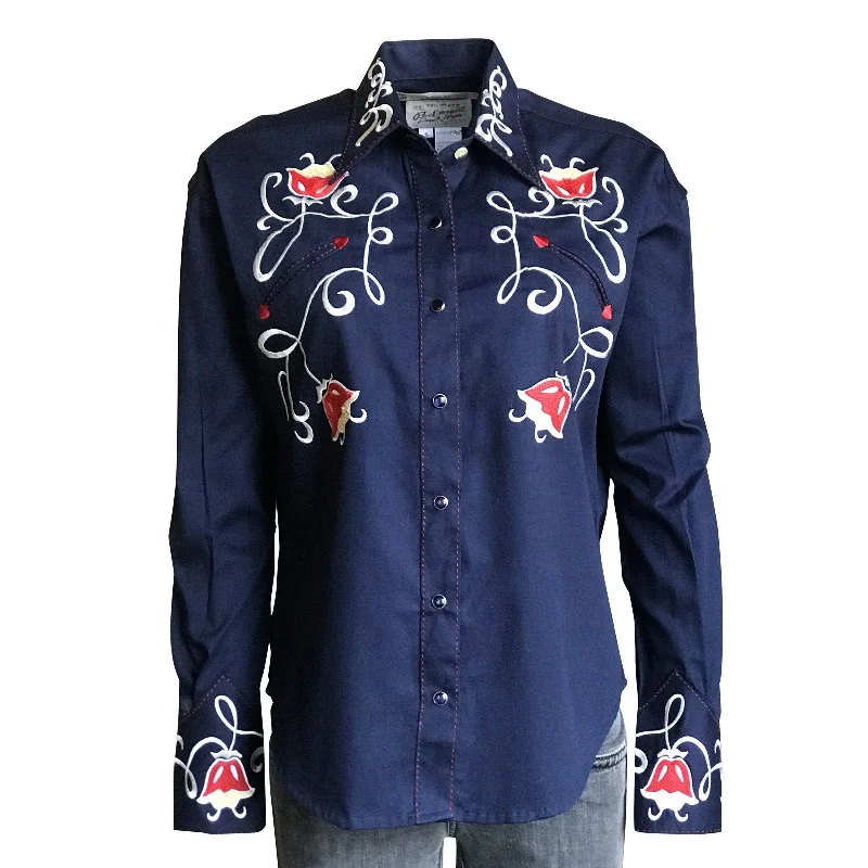 Women's Vintage Western Shirt Collection: Rockmount Art Deco Tulip Navy-- Seamless Knitted Crochet
