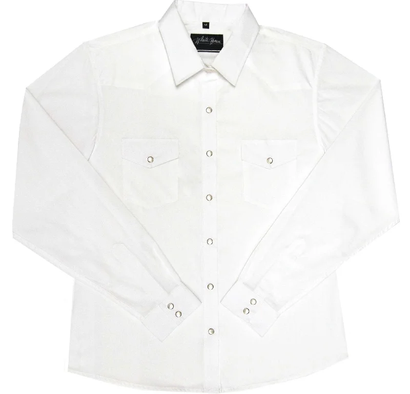 Women's Western Shirt: White Horse Solid Broadcloth White-- Spandex Blend Rayon Blend Denim Blend