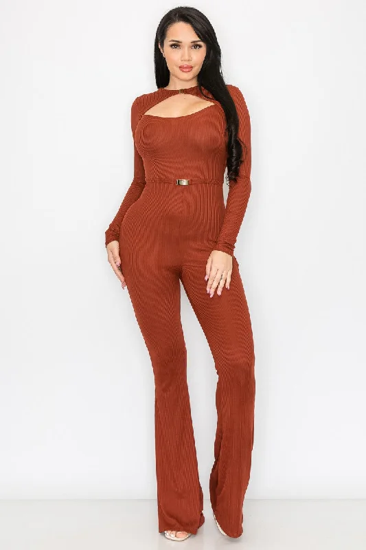RUST BLUSH RIB BUCKLE WAIST DETAILED JUMPSUIT SP9792J Striped jumpsuit, Bold pattern, Summer fashion, Comfortable