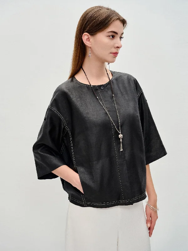 Gambiered Silk Crew Neck Half Sleeve Shirt-- Boxy Fit Fitted Loose