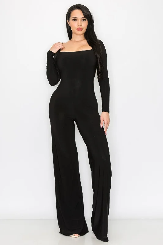 BLACK LONG SLEEVES OPEN BACK STRING JUMPSUIT SP9631J Ruffle jumpsuit, Feminine, Trendy, Party attire