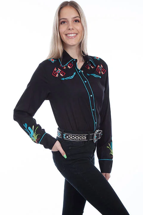 Women's Vintage Western Shirt Collection: Scully Embroidered Southwest Design-- Collared Crew Neck Turtle Neck