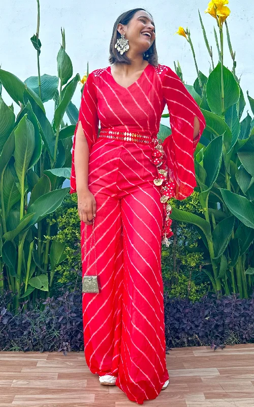 Sapna Red & White Leheriya Mirrorwork Jumpsuit with Mirrorwork Belt Printed jumpsuit, Trendy, Bold design, Casual