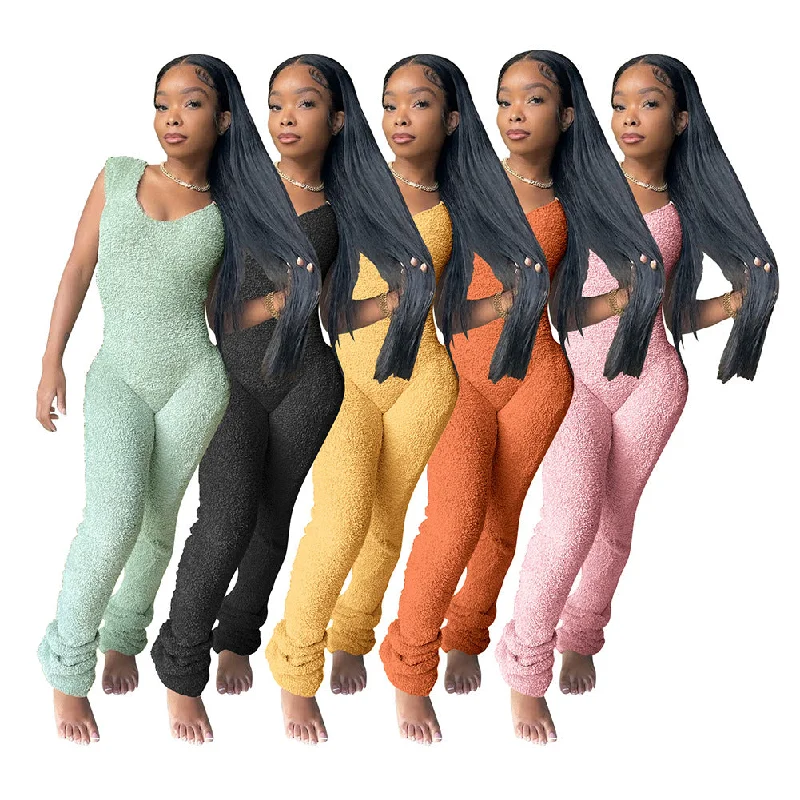 Rice Fleece Comfortable Sleeveless Pile Pants Jumpsuit (CL11314) Ruffle sleeve jumpsuit, Feminine, Elegant, Comfortable