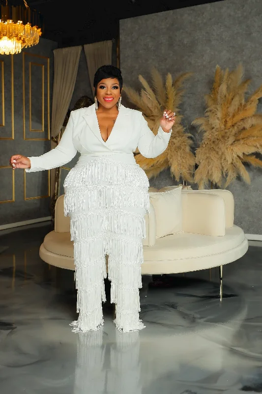 White Shake It Fringe Jumpsuit Black satin jumpsuit, Elegant, Nightwear, Glamorous