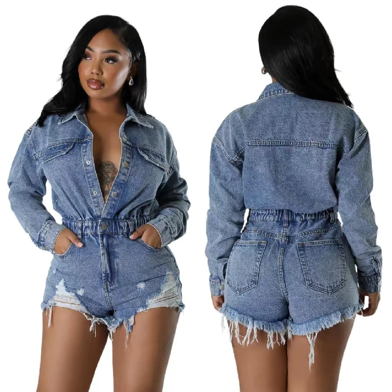 Loose denim jumpsuit with holes and tassels（CL12099） Elegant jumpsuit, Chic, Comfortable, Fashionable