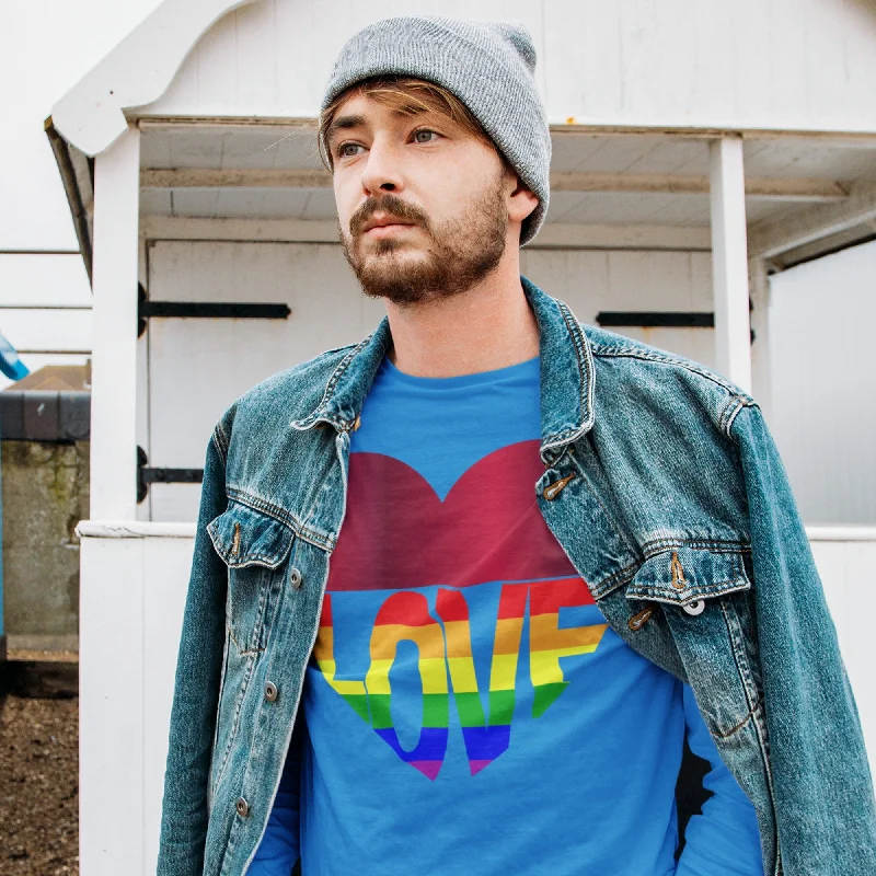 65 MCMLXV Unisex LGBT Rainbow Flag Love Heart Graphic Long Sleeve T-Shirt-- Welt Pockets Slit Pockets Flap Pockets