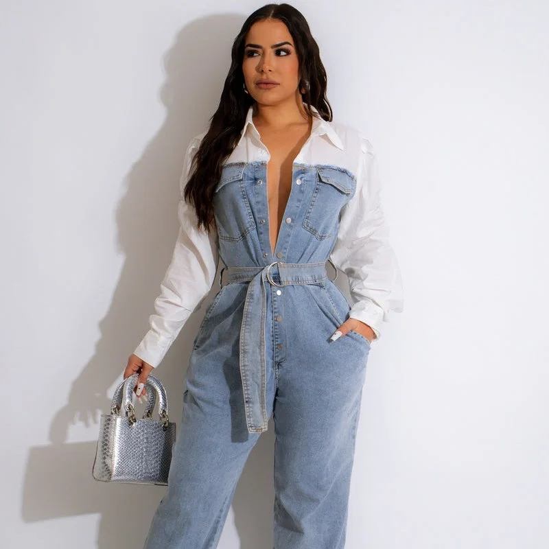 Stretch-denim Paneled Plus-size Jumpsuit (CL11318) Belted jumpsuit, Chic, Elegant, Comfortable