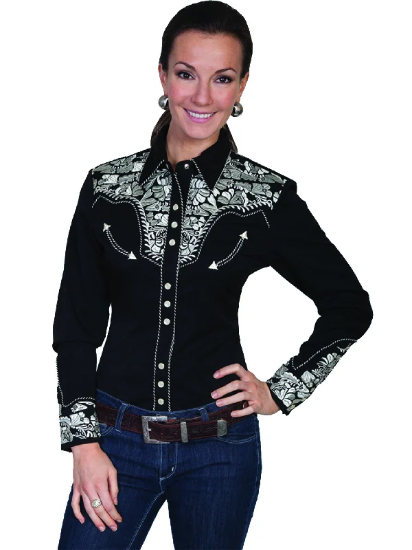 Women's Vintage Western Shirt Collection: Scully Gunfighter Black & Silver-- Hooded Caped Shawl Collar