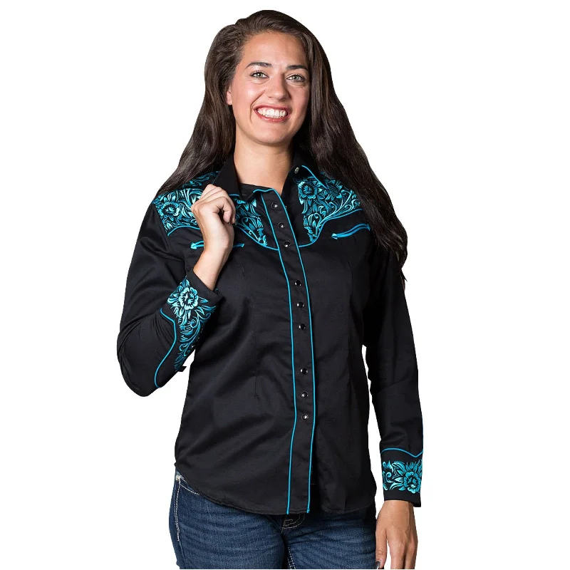 Women's Vintage Western Shirt Collection: Rockmount Fancy Tooling Black/Turquoise-- Welt Pockets Slit Pockets Flap Pockets