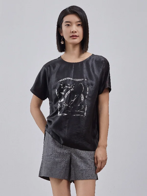 Gambiered canton knitted fabric silver dragon printed loose-fitting raglan sleeve T-shirt -- Basic T-Shirt Crew Neck Short Sleeve