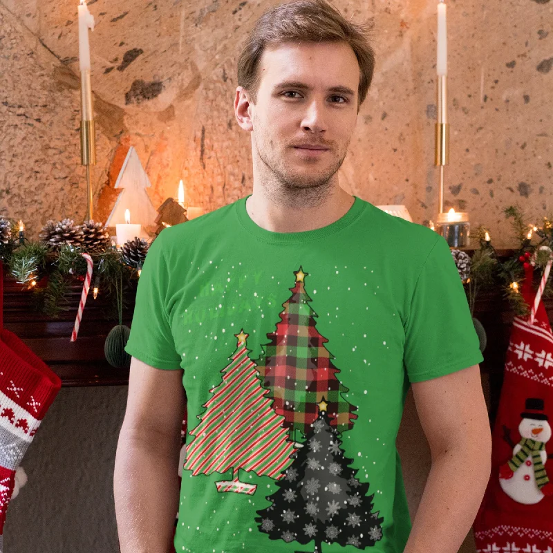 65 MCMLXV Unisex Happy Holidays Patterned Christmas Trees Graphic T-Shirt-- Front Pockets Side Pockets Patch Pockets