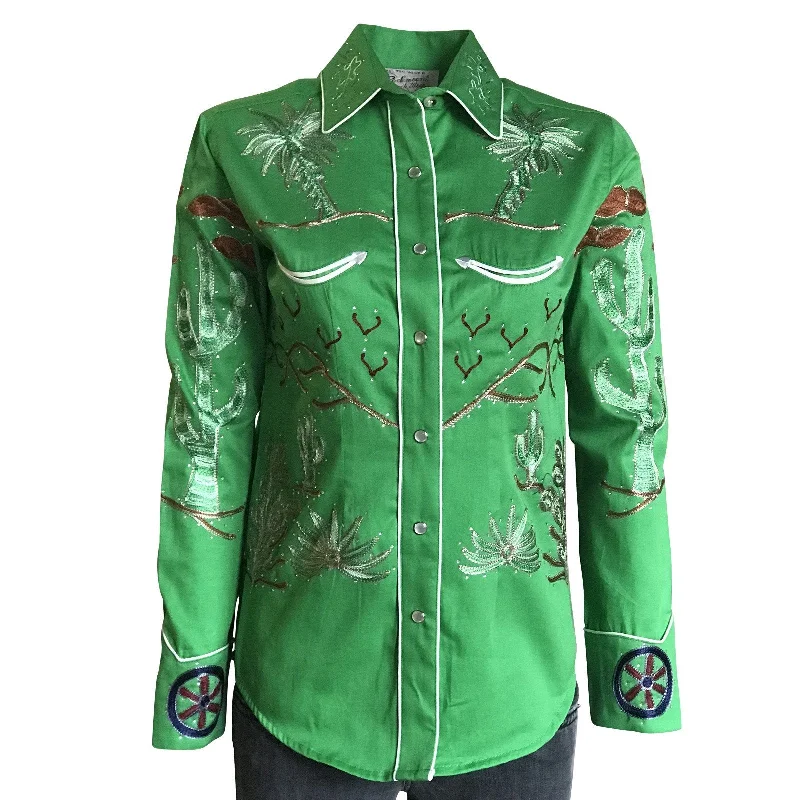 Women's Vintage Western Shirt Collection: Rockmount Fancy Palm Trees Wagon Wheels Green-- Fashionable Trendy Casual