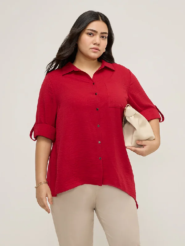 Gia Red Crinkle Asymmetrical Shirt-- Wool Fabric Cashmere Fabric Tweed Fabric