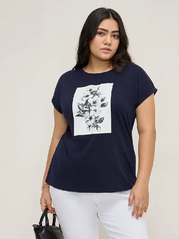Gia Navy Printed Cotton T-Shirt-- Notch Collar Peter Pan Collar Cowl Neck