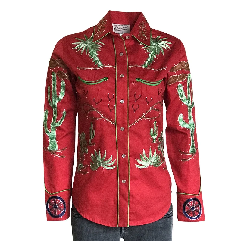 Women's Vintage Western Shirt Collection: Rockmount Fancy Palm Trees Wagon Wheels Red-- Graphic Embroidered Appliqued