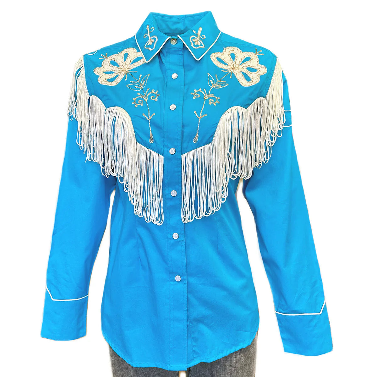 Women's Vintage Western Shirt Collection: Rockmount Fancy Fringe Turquoise-- Denim Fabric Leather Fabric Suede Fabric